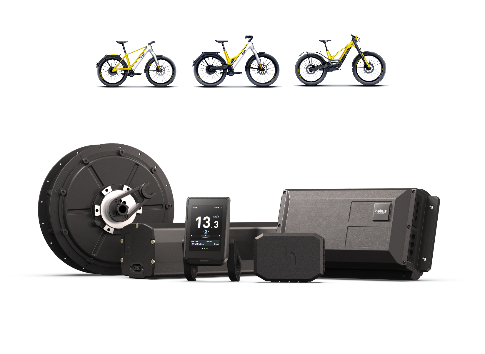 Electric drive system components for the Speed Pedelec H-SP1, including hub motor, battery pack, control unit, display, and sensors, with three yellow-and-black e-bike models shown above.